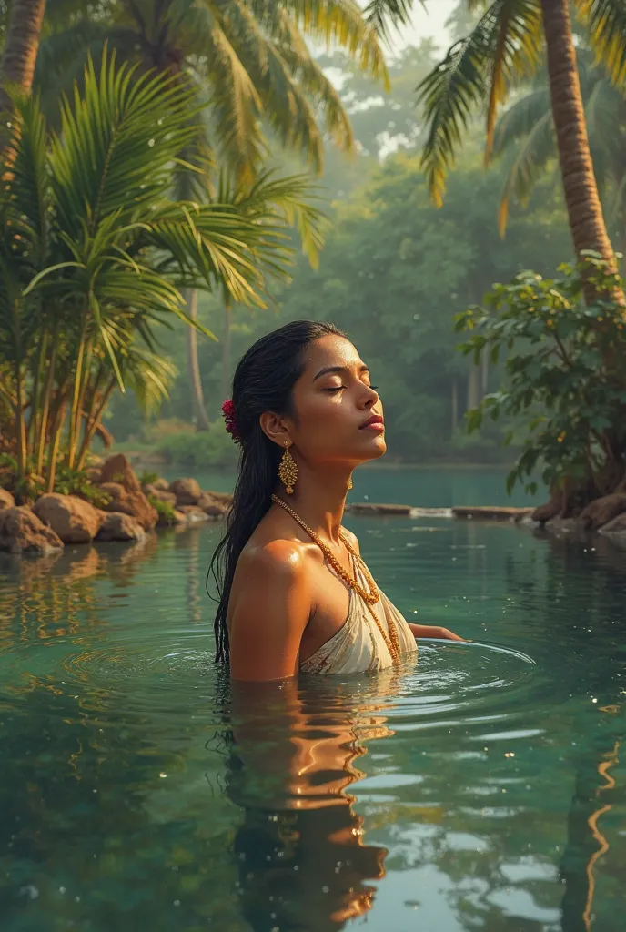 General me a South indian woman bathing on a pond    in a oil painting model 