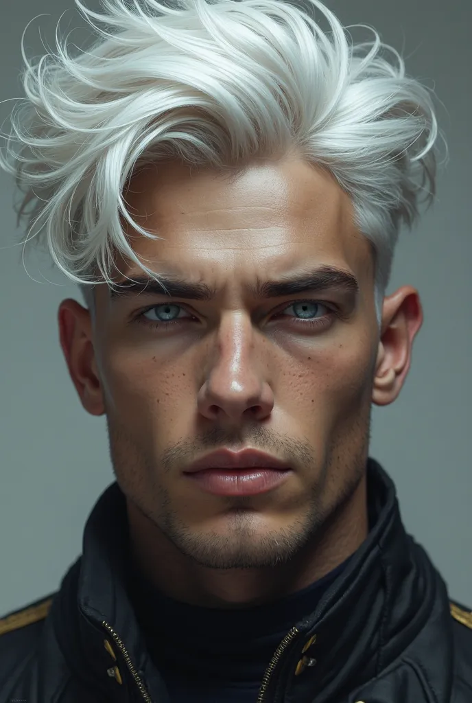 Young man with white hair,  blue eyes and strong
