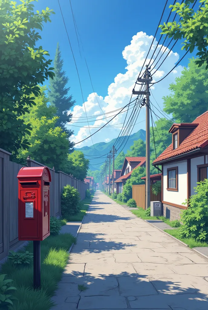 
street anime scene with red mailbox and building, residential area , anime background art,  realistic anime in 3D style , anime landscape, anime landscape concept art, beautiful anime landscape, style of  makoto shinkai , Nagatoro, background painted in a...