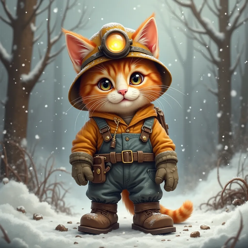 An orange tabby cat in a coal miners outfit with a headlamp helmet and soot. Wintery background, cute