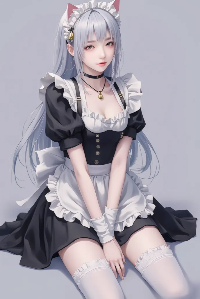  ager，male maid ，Cat ears， Height 193 cm ， no head（The skin closes smoothly from the neck to the jawline），Pale, slender, beautiful legs，White lace-trimmed over-the-knee socks，Black leather necklace with gold bells，Oversized maid apron，Soft glowing skin，No ...