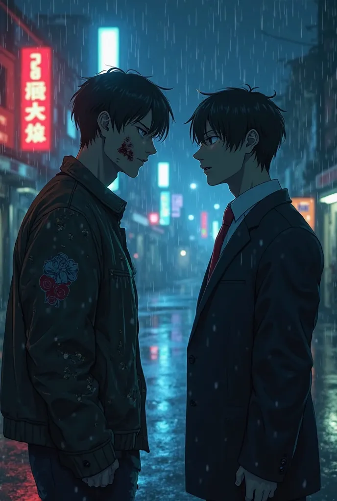 "Anime style, dramatic confrontation in a dark urban street at night, gang leader with torn jacket and scars, determined lawyer in professional suit, facing each other under flickering neon lights, rain falling, cold colors (blues, grays), cinematic lighti...