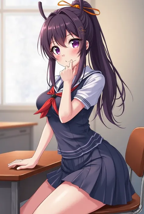 (anime style) (Detailed) Very attractive woman with a voluptuous body with dark purple hair bordering on black and violet eyes with a calm and sometimes flirty look. Hair tied in a long ponytail that reaches the legs and with two antenna-like locks that pr...