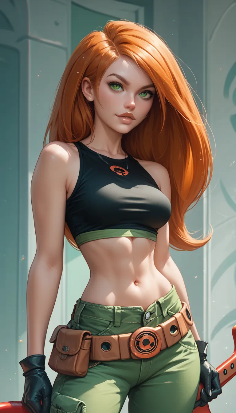 kim possible,1girl,One,Long hair,black gloves,navel,green eyes,waist, belt,green pants,orange hair,black crop top,golfing, sexy pose