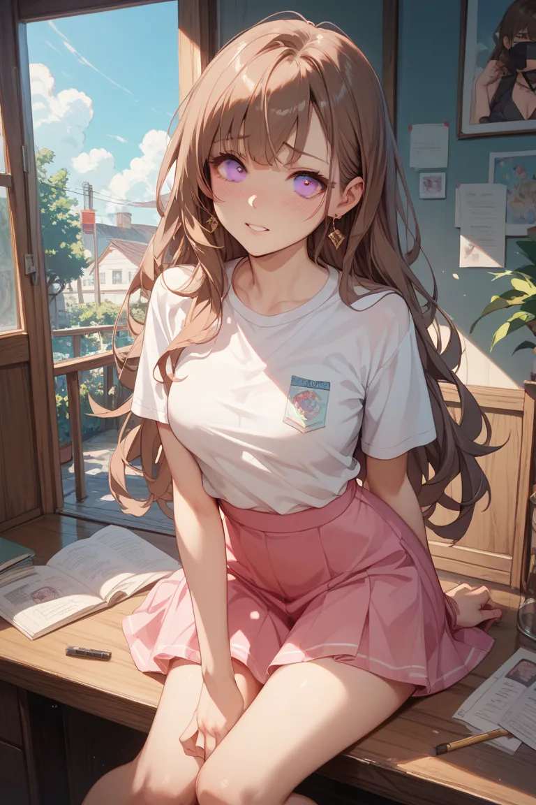 1 girl、Bare shirt and pink skirt、brown hair、Pink eyes、long hair caught in a hole、bets on top of the bet、is shy、An Expression You Can't Afford