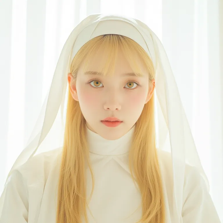 woman, nun, white nun dress, white background, light yellow hair, straight hair, long hair, yellow green eyes, makeup, blushes, pink blushes, look at camera, half body pictures