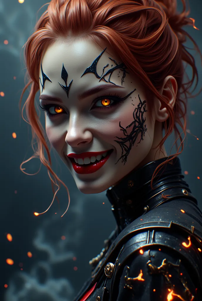 Perfect face，woman，25 years old，vampire，，toothy grin，tattoo，Golden Eyes，arrogant，Shiny Red Hair，Nail polish，Work Clothes，Overlooking，Walk，dream， lightning method 