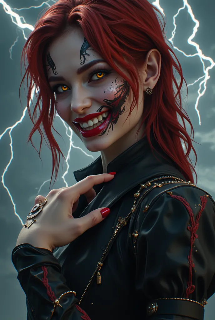 Perfect face，woman，25 years old，vampire，，toothy grin，tattoo，Golden Eyes，arrogant，Shiny Red Hair，Nail polish，Work Clothes，Overlooking，Walk，dream， lightning method 