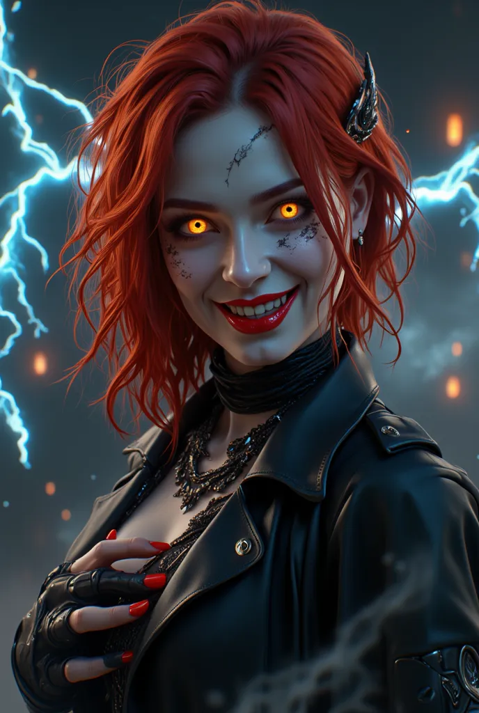 Perfect face，woman，25 years old，vampire，，toothy grin，tattoo，Golden Eyes，arrogant，Shiny Red Hair，Nail polish，Work Clothes，Overlooking，Walk，dream， lightning method 