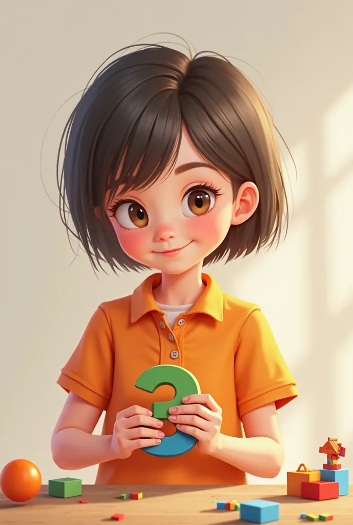  girl with short hair with orange polo shirt who has blocks in the hands of number 3