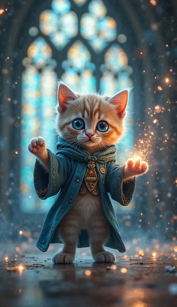 Chatra's cute kitten　 eyes are blue　 standing on two legs 　 has big eyes　Enlarged pupils　 Using Magic 　is wearing wizard clothes　The background is a gothic church with beautiful stained glass