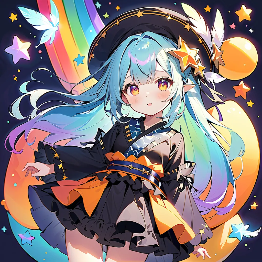  Best Details、  1 girl，，Blink，    Best quality   ，Milky White and Blue Gradation Hair Color、Wear a colorful and cute gothic kimono costume   ,  Star Fairy ,Wear a colorful and cute gothic kimono costume    with little fairy feathers growing from above your...