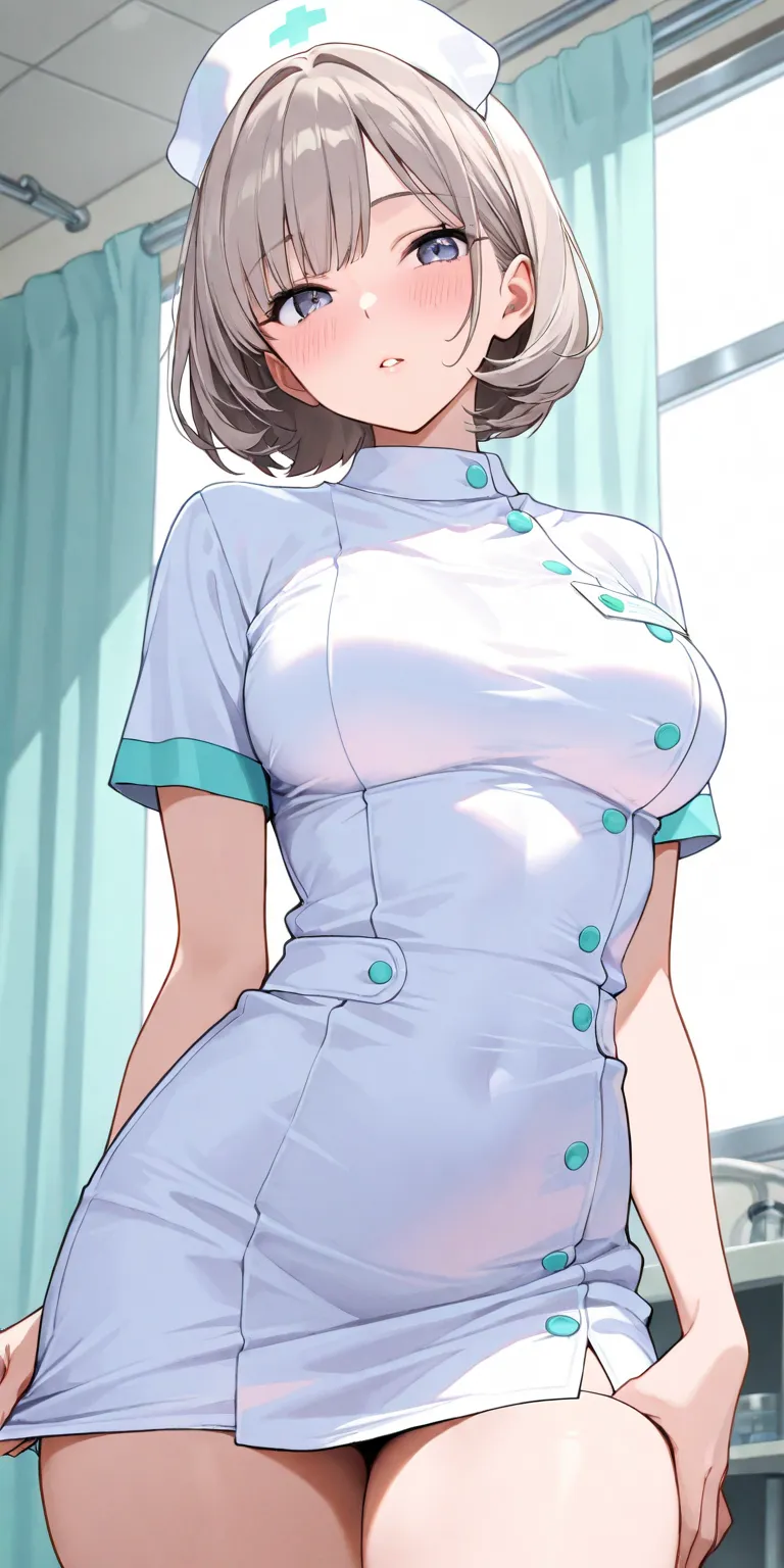 1girl, nurse girl,  solo,  blush, short hair, wolf hair, middle breasts, bangs, parted lips, detailed skin texture, detailed illustration, masterpiece, 