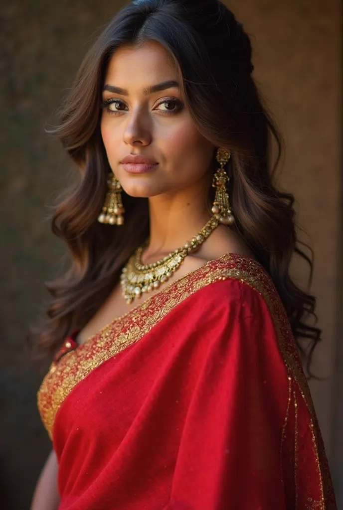 "A 22-year-old confident model wearing a classic red saree with a golden border. Her eyes resemble Aishwarya Rai’s, and her lips are like Priyanka Chopra’s. Her hair is styled in soft waves, and her overall look