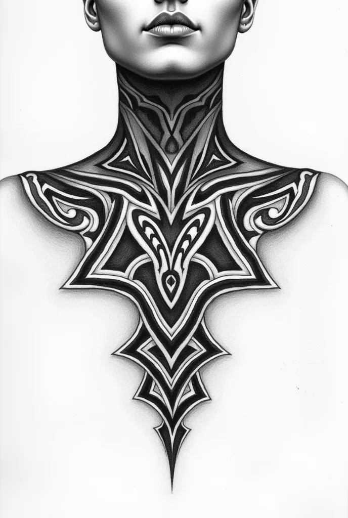 Make a pencil drawing of a Maori tribal tattoo
on neck and chest. This should be made of strong black diamonds, Triangles , Honeycombs and snails consist of ,In the lower area, it stops at shoulder level. 