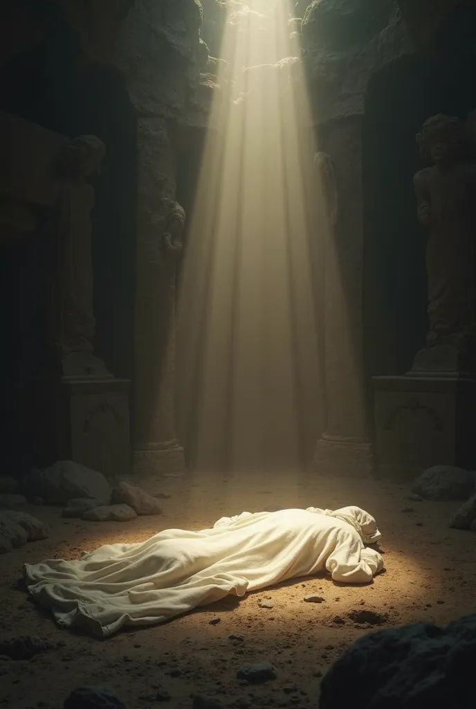 Empty tomb with ray of light and shroud lying on the ground. Campaign background