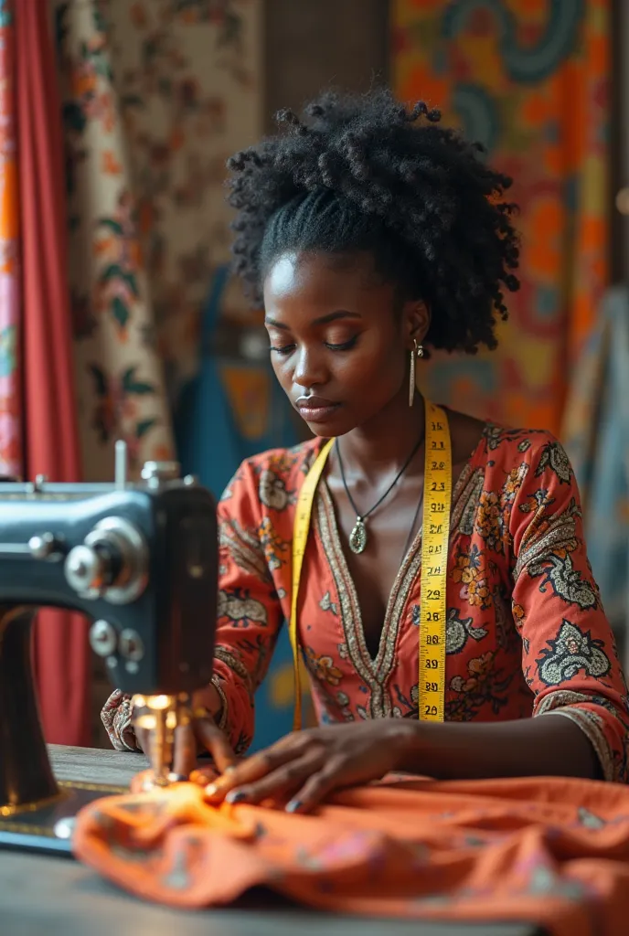 A young Beninese woman seamstress in her high fashion workshop, assise devant sa machine à coudre, The tape measure on the neck. 