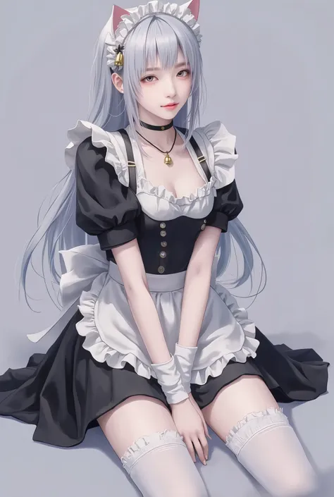 ager,male maid ,Cat ears, Height 193 cm , no head(The skin closes smoothly from the neck to the jawline),Pale, slender, beautiful legs,White lace-trimmed over-the-knee socks,Black leather necklace with gold bells,Oversized maid apron,Soft glowing skin,No ...