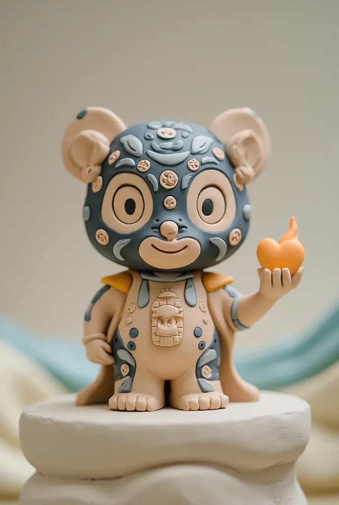  (best quality, cute, well detailed, synthetic and rounded forms, bublee head ang little body of a vinyl art toy cute and tender of a aztec god Tezcatlipoca  , decorated with skulls, Colors of the mask black and silver, Details Aztec reliefs holding a flam...