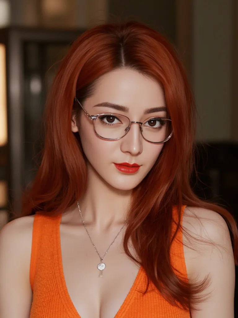 Photo of a ultra realistic of velma from scooby-doo, very sultry look, so hot girl, beautiful charismatic girl, so hot shot, showing piercing, athletic body, a woman wearing eye glasses and an orange top, gorgeous figure, full body shot, goth style mood, d...