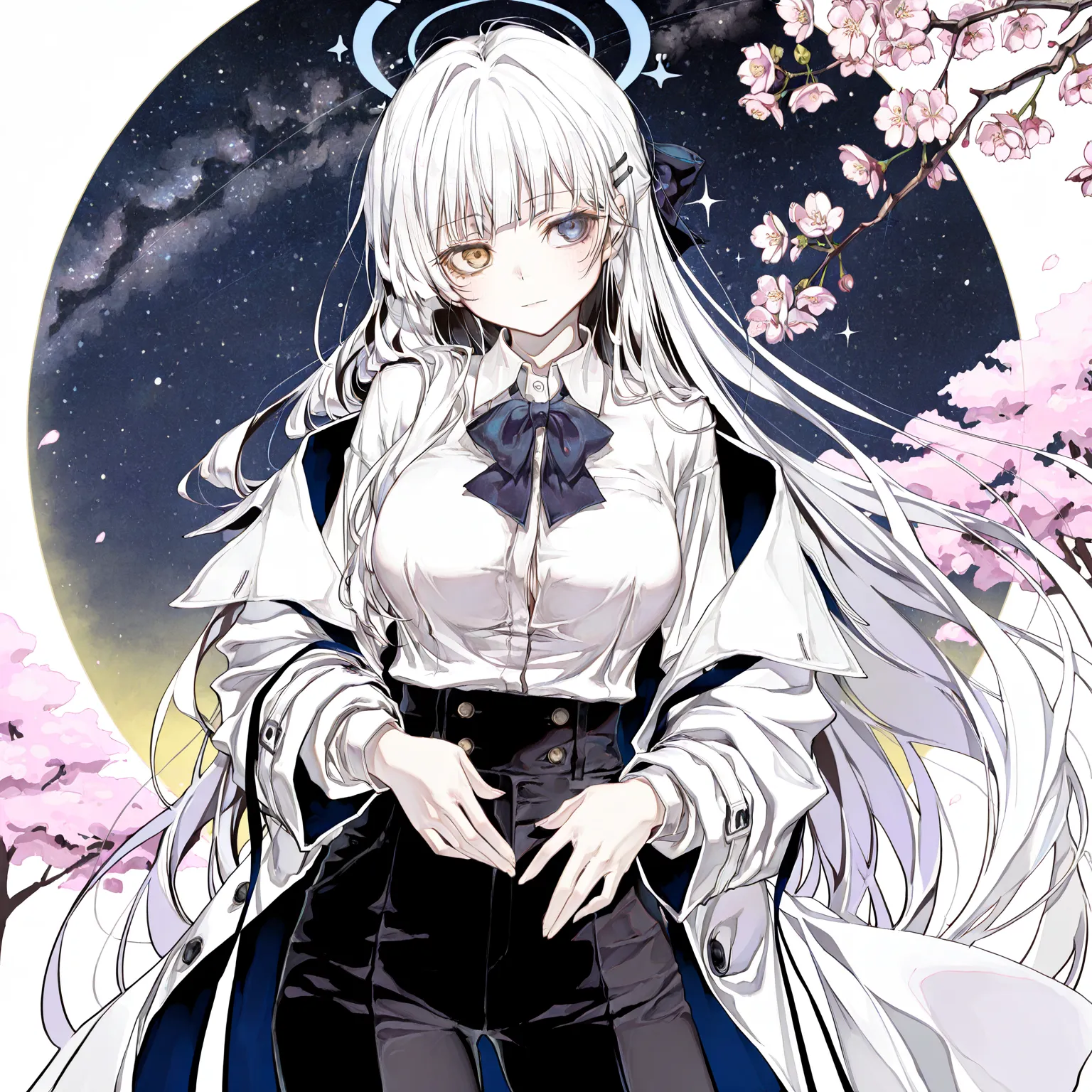 Her long hair was as white as the stars in the night, her two-colored eyes shone like there were endless dimensions, her clothes were clean and elegant, and her perfect attire gave off an uncontrollable sense of mystery and power. source_anime, Hitoimim, c...