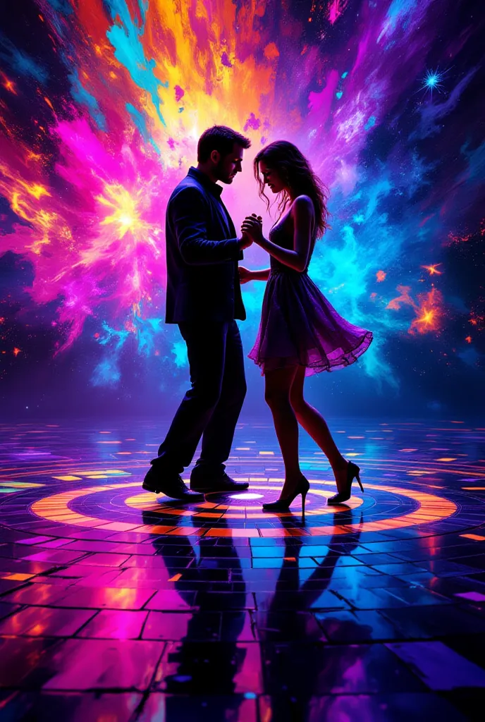 a funky, abstract design where the iconic disco floor pattern takes center stage, an couple dancing, close up. detailed abstract painting, impressive color palette, dramatic lighting, vibrant neon colors, glossy reflective surfaces, dynamic composition, ps...