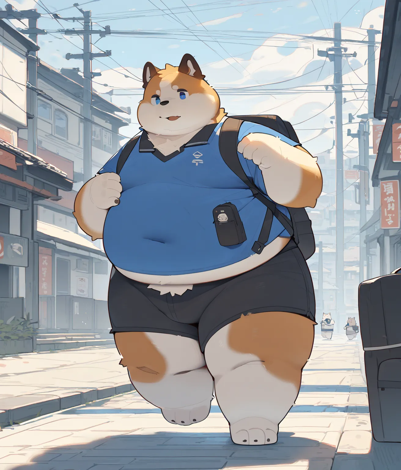 Akita Inu , eyes, the second,  hairy,  plump body , fat cheeks,blue eyes, full body, walking, wear a shirt (red), cap (white), shorts (Marrones),  using uniform backpack , fat and obese body, Akita Inu, Background of a Japanese city ,by day, Surprise, vist...