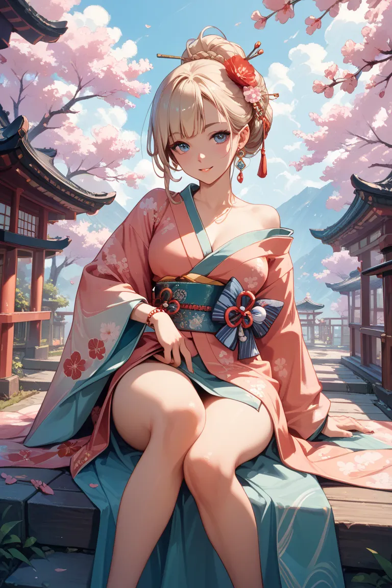 A beautiful woman wearing a kimono with her hands down her knees