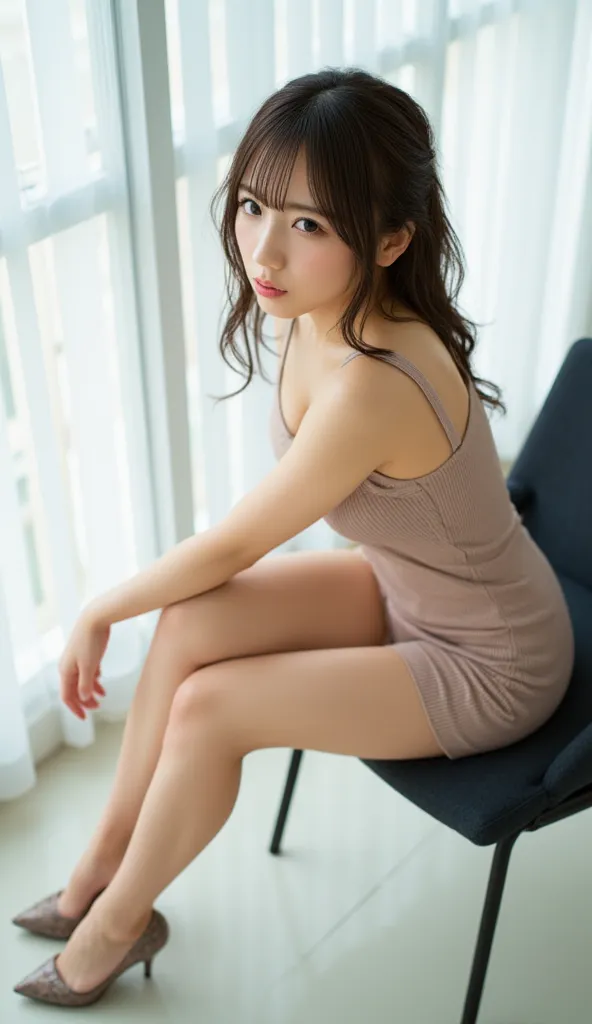 (full body:1.4)、(masterpiece、Top Quality、Top Quality)、(((live action)))、Beautiful Japanese Girls、1 person、((super fit ultra mini knit dress))、By the window in a bright room、I'm wearing high heels、sit on a chair、Fascinating Thigh、 thigh close-up 、Bird&#39;s...