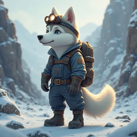 a white husky in a coal miners outfit with a headlamp helmet and soot. Wintery background, cute