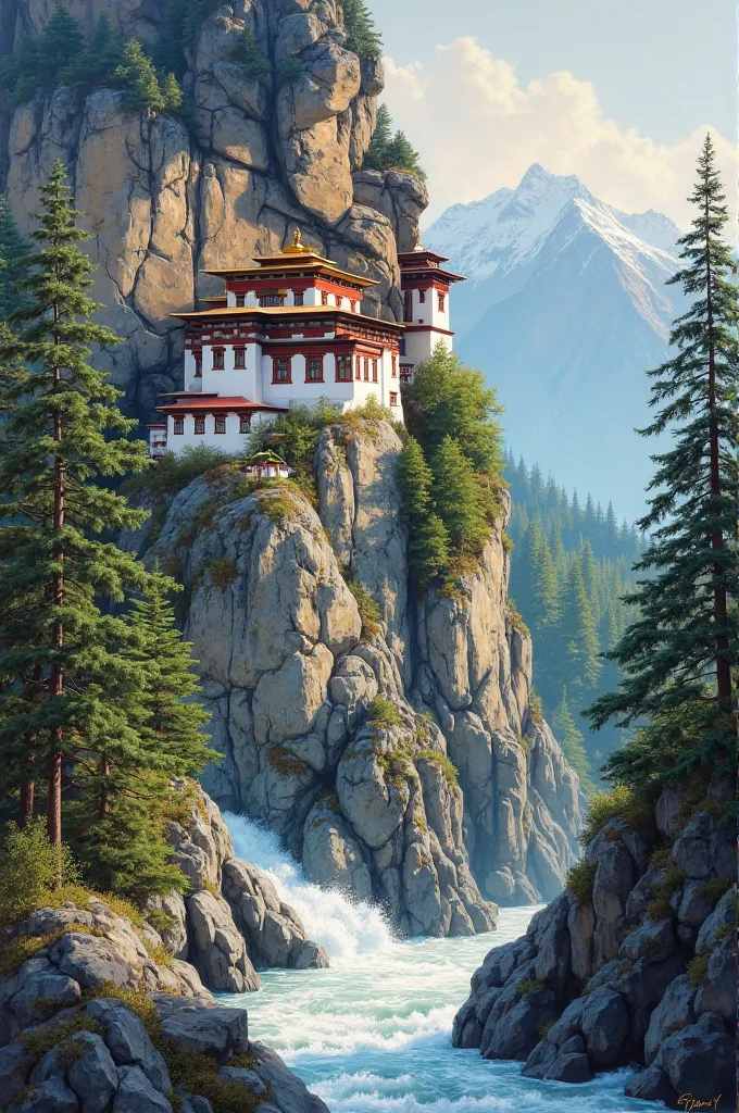 Handmade painting of alpine trees, white water river and a big Buddhist monestry on rock, mountain