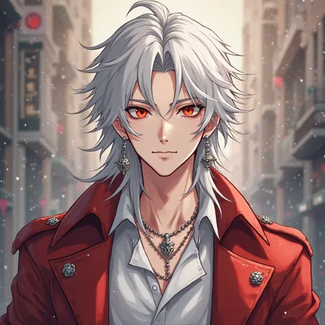 alone, good looking, 1 male, long messy hair, Middle parted hair, white hair, Red eyes, white shirt, White Thailand, Red Trench Coat, Royal Silver Jewellery, Royal Demon Earrings, , Front Facing, Vtuber Front Facing Camera