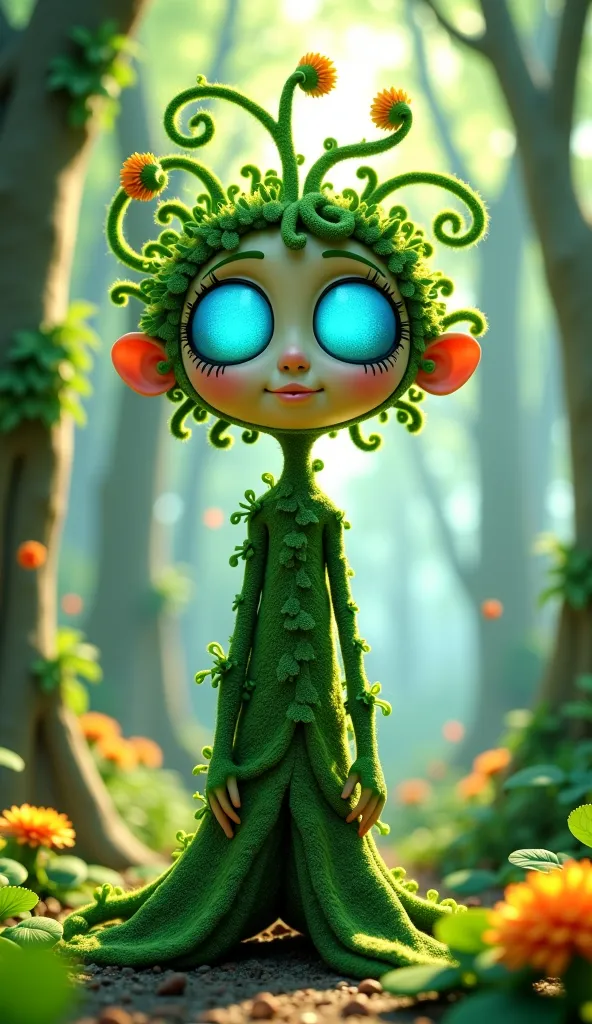 "Pixar-style animated 3D character: Green Vine, mystical and bizarre figure from Incredibox Sprunki. His face is calm and adorned with foliage, Design, inspired by nature, with vibrant green vines, gracefully draped around his features. His big blue mirror...