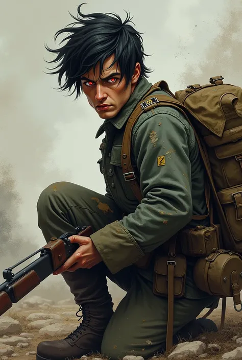 a German soldier from the First World War, with his uniform and helmet on, that he has red eyes and black hair, That it's dirty, Tired and having a gun and a backpack, Old anime style