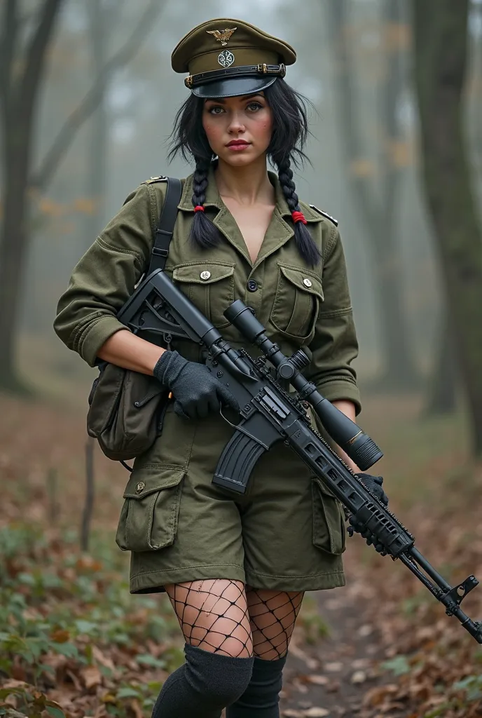 Ultrartealistic, ultradetailled, Full  body photo of sexy german girl sniper with camo uniform  of SS, curvy athletics bodyShort black hair tied in two small lower pigtails with a reddish lock in one of them, round glasses, blue eyes, white skin, black fis...