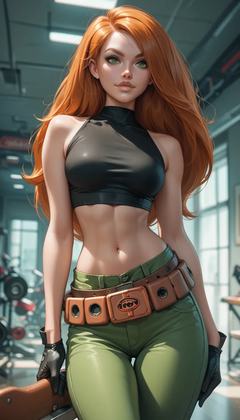 kim possible,1girl,One,Long hair,black gloves,navel,green eyes,waist, belt,green pants,orange hair,black crop top,golfing, sexy pose, cool hips,  seductive body , right proportions 