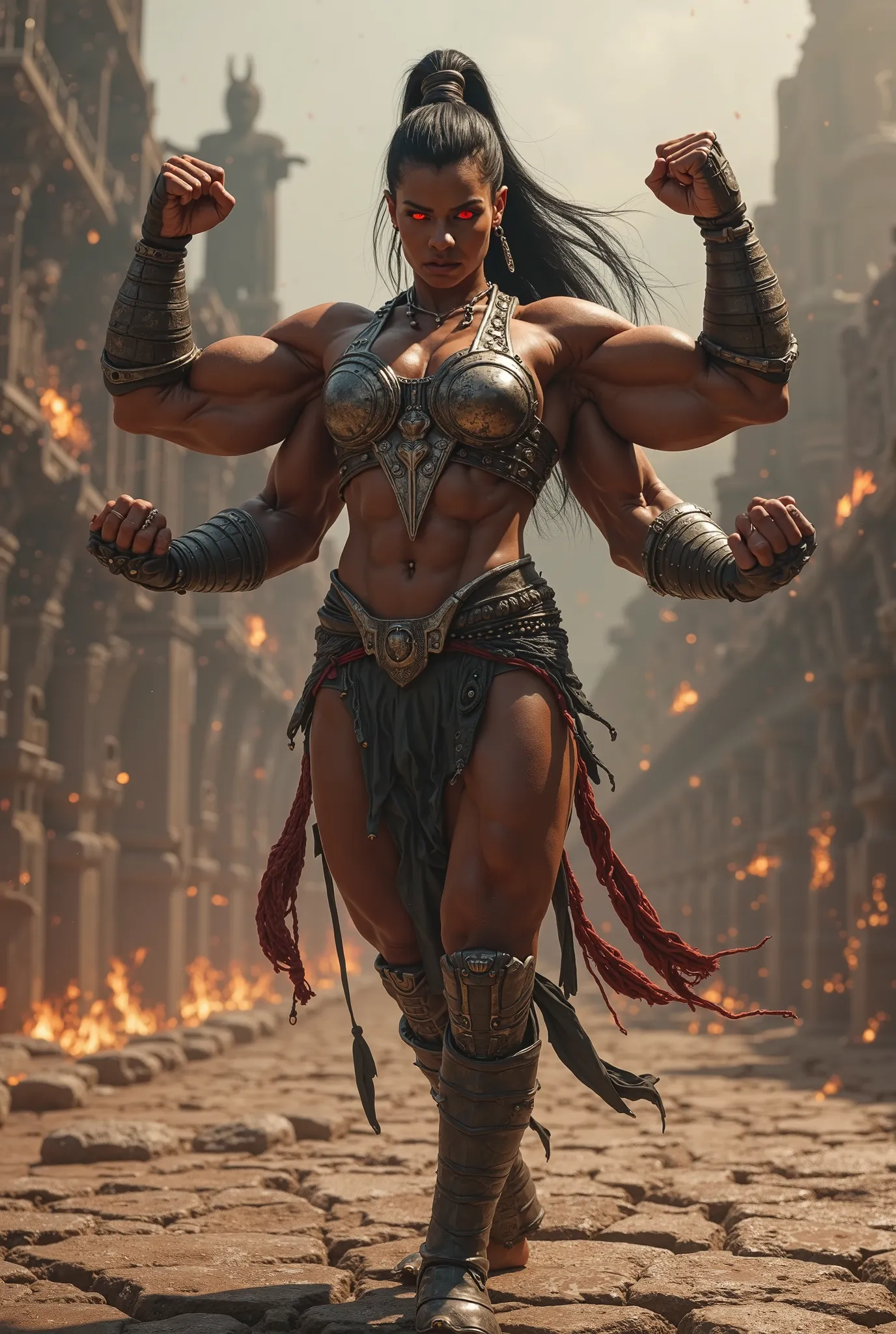 An ultra-realistic, cinematic 4K full-body image of Sheeva, the towering, muscular, and stunningly powerful Shokan queen, standing in an intimidating and dominant pose, showcasing her four massive, muscular arms. Each arm is perfectly defined, with two rai...