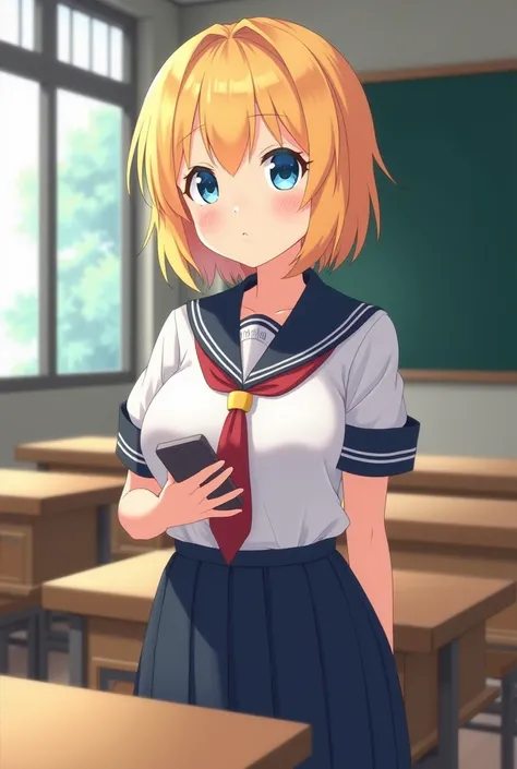 Anime Cute Pretty Girl Short Hair Blonde Big Boobs Sundere Wearing School Uniform In Classroom Holding Mobile Phone Is A Hit Girl