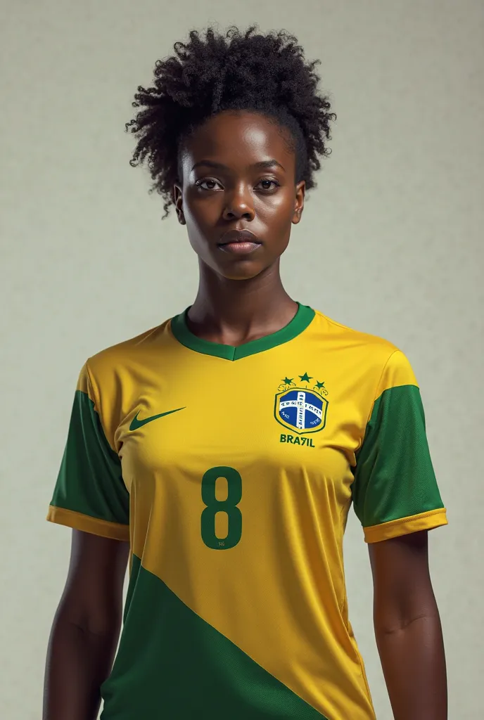 Draw a dark-skinned woman with short hair wearing the Brazilian national team jersey 