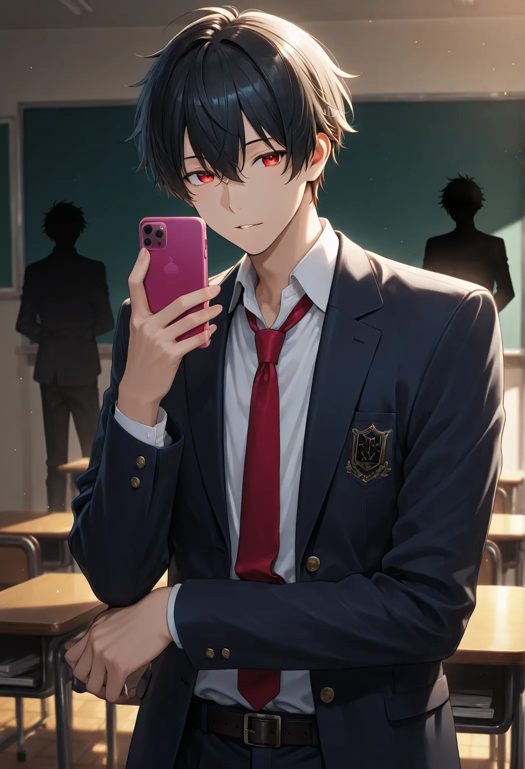 male high school students、uniform、dark room、Smartphone light、 holding a smartphone in his hand、mysterious atmosphere、fuzzy silhouette、smartphone light is reflected on the desk、Hypnosis app screen、Pose looking into the future、 Cinematic Lighting 、Compositio...