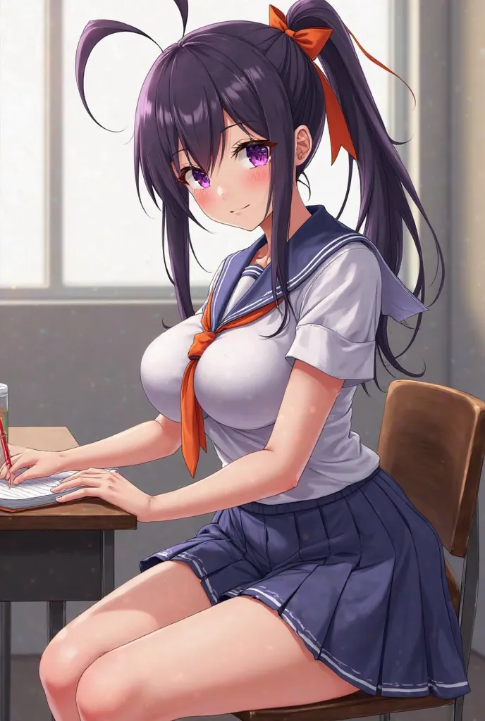 (anime style) (Detailed) ( semi-realistic ) Very attractive woman with a voluptuous body with dark purple hair bordering on black and violet eyes with a calm and sometimes flirty look. Hair tied in a long ponytail that reaches the legs and with two antenna...