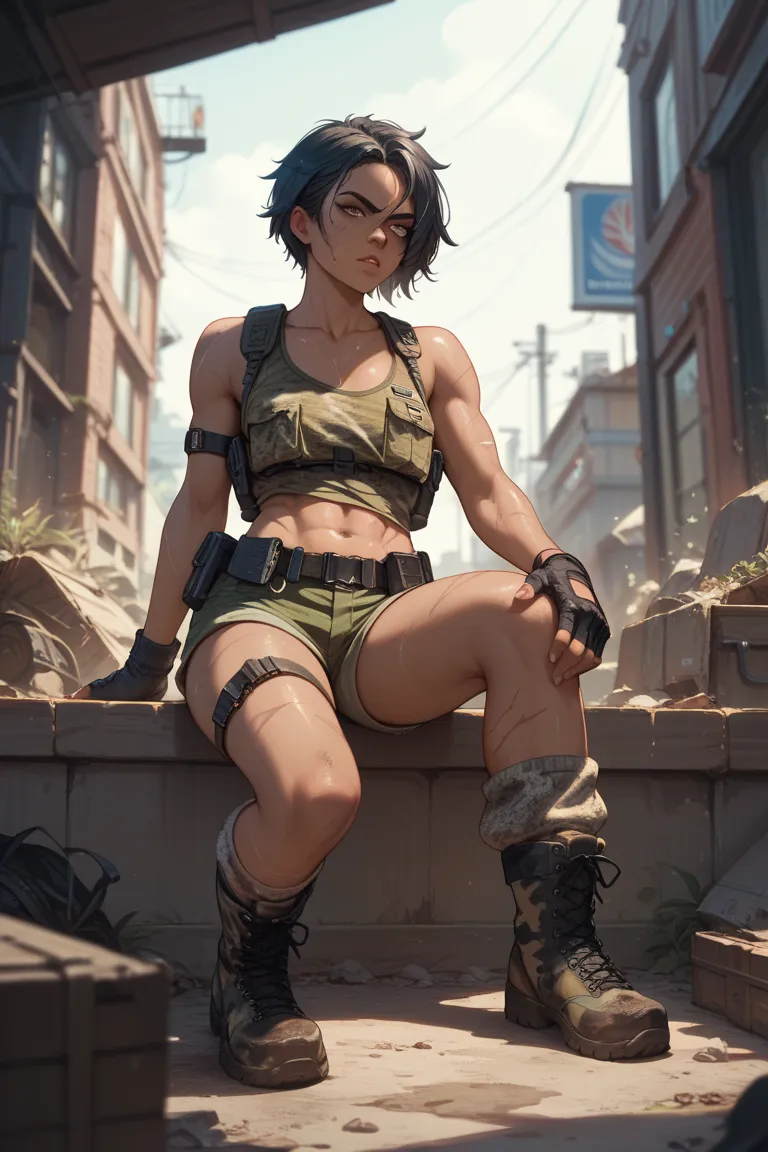 Long black hair, short shorts, camo tank top, combat boots, utility belt, dark skin, scar on eye, dirty leg warmers, scars on body