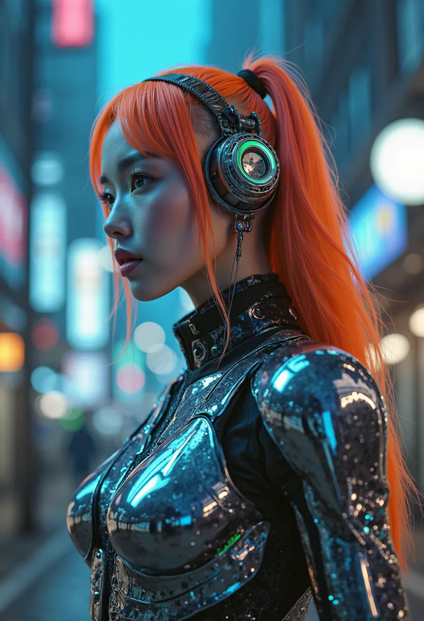 4.418 / 5.000
Hyperrealistic portrait of a Korean woman wearing a high-tech chrome metal exoskeleton, inspired by the style of Masamune Shirow and H.R. Giger. Vibrant electric orange and violet hair, undercut style with long locks. Silver circular cybernet...