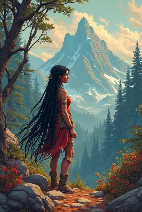 Retro style. The first plan is close. On the cover of the book: fantasy, magic, red and blue shades, The ancient world, the primitive world, nature in the foreground, a shaman, a girl with long black hair braided, dressed in animal skins, a forest, a mount...