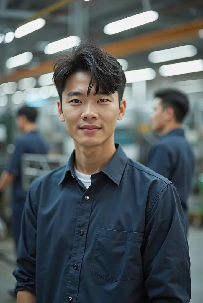 A photo of a 36-year-old Korean man , young and handsome look , That it is in an aircraft factory called GKN, The photo has to be casual 