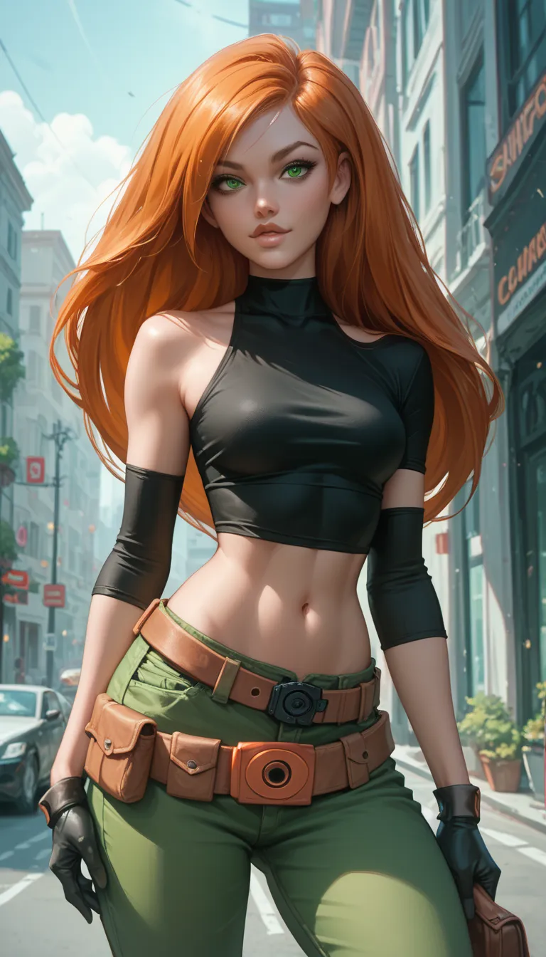 kim possible,1girl,One,Long hair,black gloves,navel,green eyes,waist, belt,green pants,orange hair,black crop top,golfing, sexy pose, cool hips,  seductive body , right proportions 