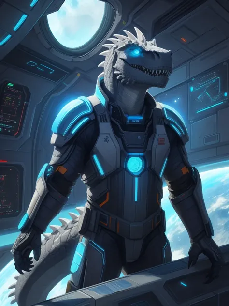 (Best quality: 1.2), (highly detailed: 1.2), (Grey T-Rex: 1.2), (Blue glowing eyes: 1.2), (Grey scales and tail: 1.2), (Wearing jacket and futuristic armor: 1.2), (in Space station: 1.2), (Solo: 1.2)