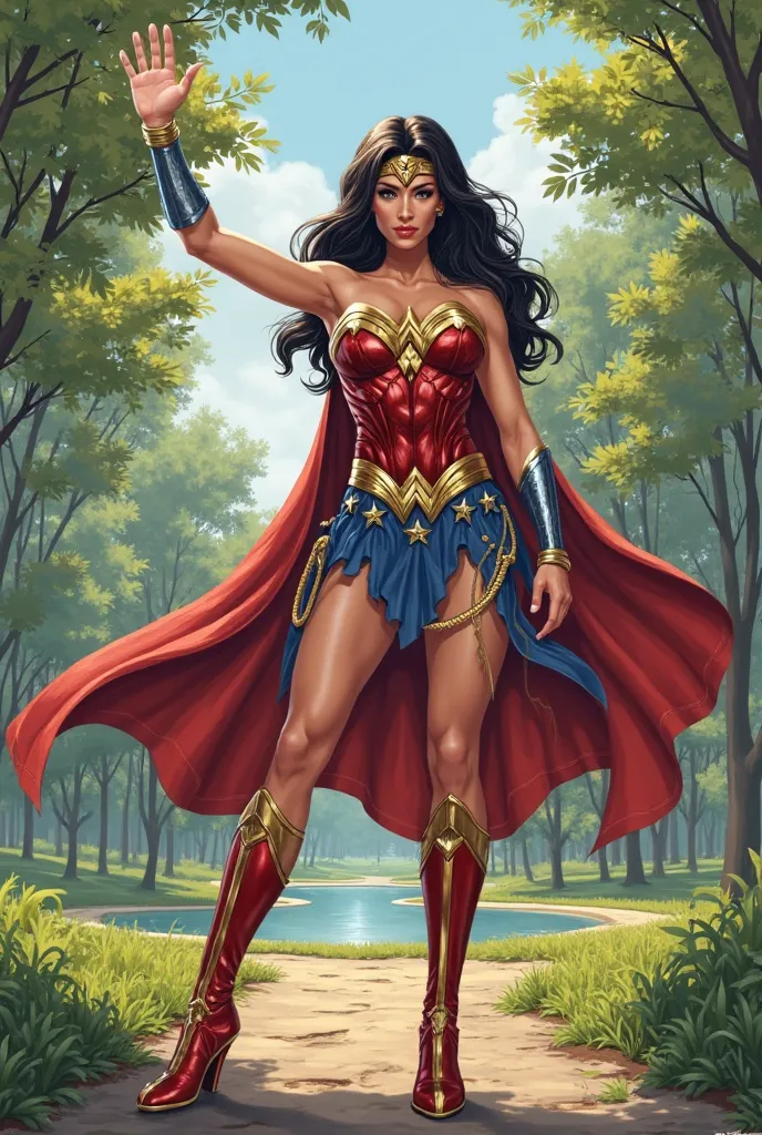 Wonder Woman waving in the park 