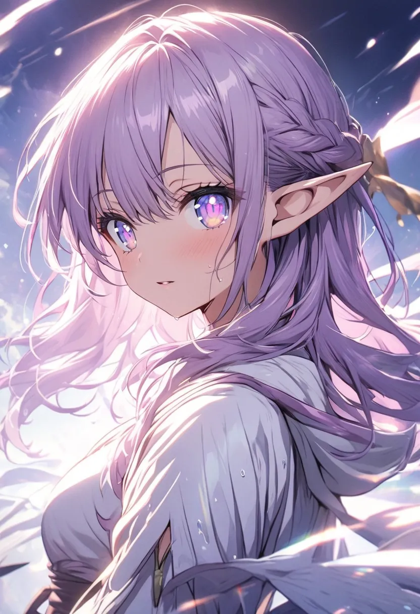 (beautiful anime girl:1.2), Elf summoner, clad in light, damp purple hair, beautiful large eyes, light-reflecting pupils, detailed and cute face.