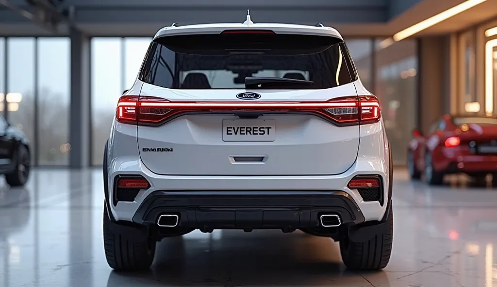 "Create a highly detailed and realistic 3D render of the rear view of a futuristic Ford Everest SUV 2025 model in a luxurious showroom setting. The SUV should have a bold, muscular stance with an aggressive rear design, featuring sleek LED taillights conne...